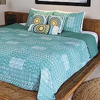 Cotton bedspread set, 'Kantha Charm in Seaglass' (3 piece) - Kantha Cotton Bedspread and Shams in Seaglass (3 Piece)