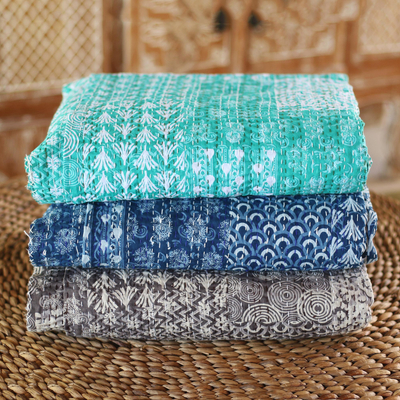 Cotton bedspread set, 'Kantha Charm in Seaglass' (3 piece) - Kantha Cotton Bedspread and Shams in Seaglass (3 Piece)