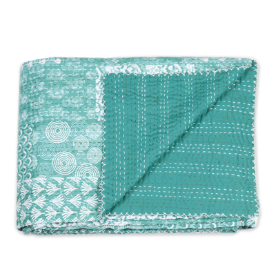 Cotton bedspread set, 'Kantha Charm in Seaglass' (3 piece) - Kantha Cotton Bedspread and Shams in Seaglass (3 Piece)