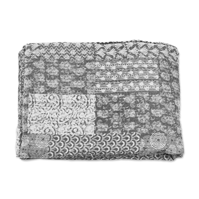 Cotton bedspread set, 'Kantha Charm in Grey' (3 piece) - Kantha Cotton Bedspread and Shams in Grey (3 Piece)