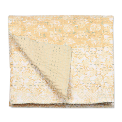 Cotton bedspread set, 'Kantha Charm in Sunflower' (3 piece) - Yellow Indian Print Bedding Set with 2 Shams