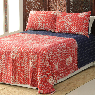 Cotton bedspread set, Kantha Charm in Red (3 piece)