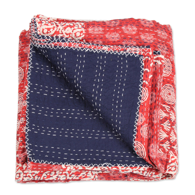 Cotton bedspread set, 'Kantha Charm in Red' (3 piece) - Red Kantha Stitch Cotton Bedding Set from India (3 Pcs)