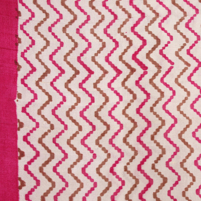 Block-printed silk scarf, 'Waves of Bengal' - Zigzag Motif Block-Printed Silk Wrap Scarf from India