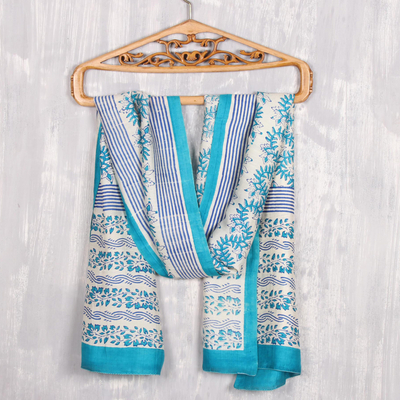Block-printed silk scarf, 'Turquoise Bliss' - Floral Block-Printed Silk Scarf in Turquoise from India