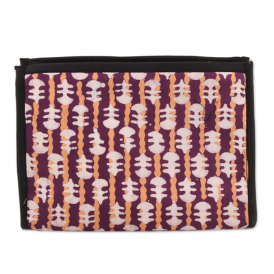 Bolso de mano de algodón batik - Cartera sobre de algodón batik a rayas color berenjena y paja de la India