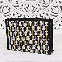 Batik cotton clutch, 'Lovely Designs in Black' - Black and Sand Striped Batik Cotton Clutch from India