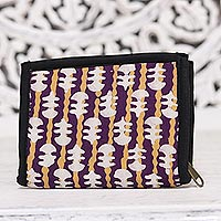 Batik cotton wallet, 'Lovely Designs in Eggplant'