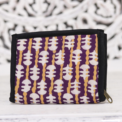 Batik cotton wallet, 'Lovely Designs in Eggplant' - Eggplant and Straw Striped Batik Cotton Wallet from India