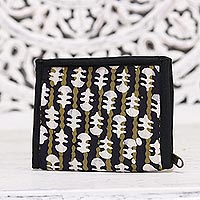 Batik cotton wallet, 'Lovely Designs in Black' - Black and Sand Striped Batik Cotton Wallet from India