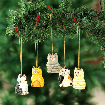 Papier mache ornaments, 'Cute Kitty Cats' (set of 5) - Set of 5 Handcrafted Papier Mache Cat Theme Ornaments
