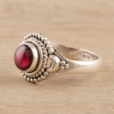 Garnet cocktail ring, 'Gemstone Moon' - Garnet and Sterling Silver Cocktail Ring from India