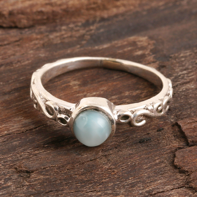 Larimar solitaire ring, 'Sky Globe' - Wave Pattern Larimar Solitaire Ring from India