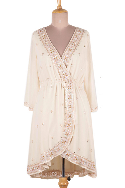 Beaded dress, 'Georgette Glamour' - Ivory Beaded Polyester Wrap-Style Dress