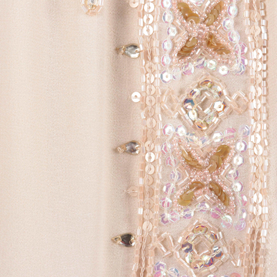 Perlenbesetztes Kleid, „Georgette Glamour“ – Wickelkleid aus elfenbeinfarbenem Polyester mit Perlenbesatz