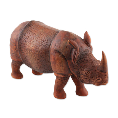 Wood sculpture, 'Rhino Majesty' - Hand-Carved Neem Wood Rhino Sculpture from India