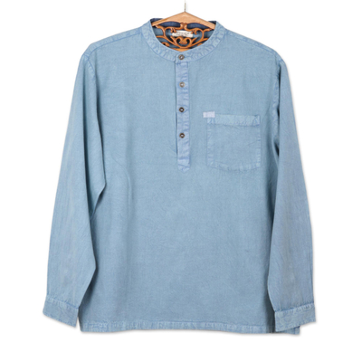 Men's cotton blend shirt, 'Casual Man in Sky Blue' - Henley-Style Men's Cotton Blend Shirt in Sky Blue from India