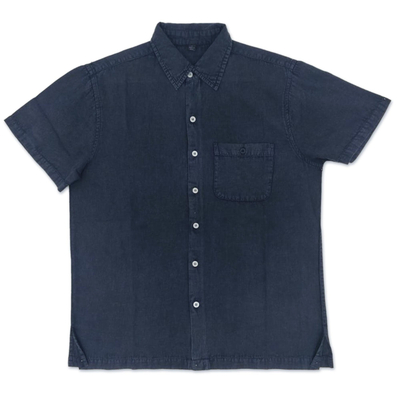 Men's cotton blend shirt, 'Casual Day in Navy' - Men's Short Sleeve Cotton Blend Shirt in Navy from India