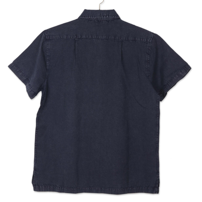 Men's cotton blend shirt, 'Casual Day in Navy' - Men's Short Sleeve Cotton Blend Shirt in Navy from India