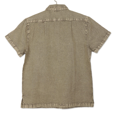 Camisa de hombre en mezcla de algodón - Camisa de mezcla de algodón de manga corta para hombre en Umber from India