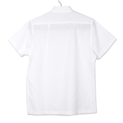 Men's cotton blend shirt, 'Casual Day in White' - Men's Short Sleeve Cotton Blend Shirt in White from India