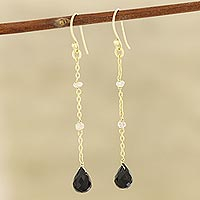 Gold plated onyx and labradorite dangle earrings, 'Glittering Black' - Gold Plated Onyx and Labradorite Dangle Earrings from India