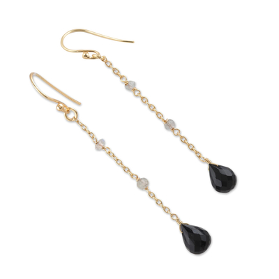Gold plated onyx and labradorite dangle earrings, 'Glittering Black' - Gold Plated Onyx and Labradorite Dangle Earrings from India