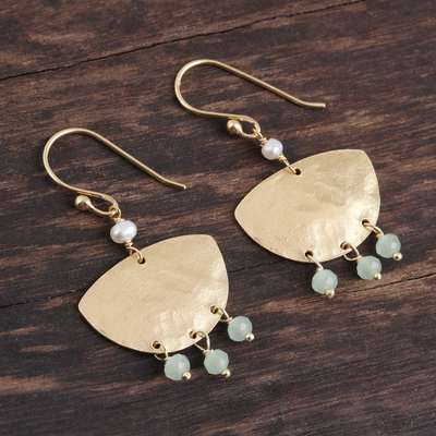 Gold plated chalcedony and cultured pearl dangle earrings, 'Gleaming Boats' - Gold Plated Chalcedony and Cultured Pearl Dangle Earrings