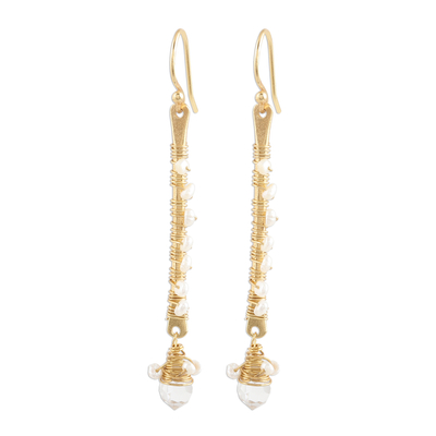 Gold plated quartz and cultured pearl beaded dangle earrings, 'Glitter and Glow' - Gold Plated Quartz and Cultured Pearl Beaded Dangle Earrings