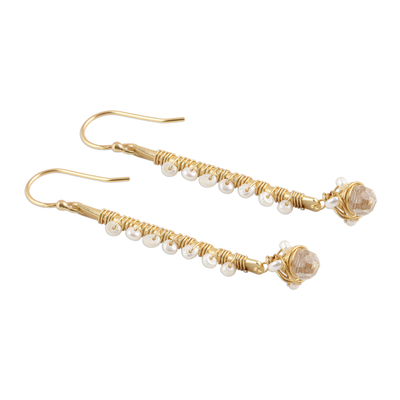 Gold plated quartz and cultured pearl beaded dangle earrings, 'Glitter and Glow' - Gold Plated Quartz and Cultured Pearl Beaded Dangle Earrings