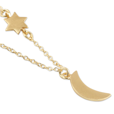 Collar colgante de plata de primera ley recubierta de oro - Collar con colgante de luna y estrella de plata de ley chapada en oro