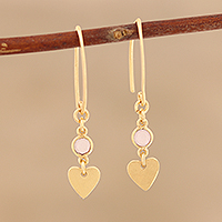 Gold plated rose quartz dangle earrings, 'Delightful Hearts' - Gold Plated Rose Quartz Heart Dangle Earrings from India