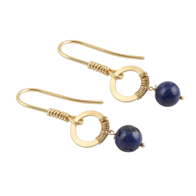 Gold plated lapis lazuli dangle earrings, 'Wrapped Rings' - Gold Plated Lapis Lazuli Dangle Earrings from India