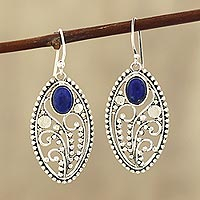 Lapis lazuli dangle earrings, 'Vine Blue' - Vine Pattern Lapis Lazuli Dangle Earrings from India