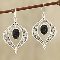 Onyx dangle earrings, 'Magic Dance' - Swirl Pattern Onyx Dangle Earrings from India