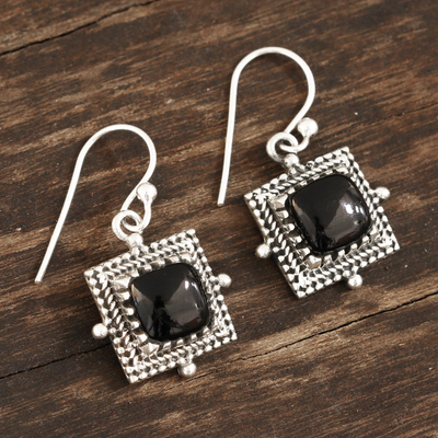 Onyx dangle earrings, 'Midnight Squares' - Square Onyx Dangle Earrings from India