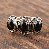 Onyx cocktail ring, 'Midnight Trio' - Multi-Stone Onyx Cocktail Ring from India