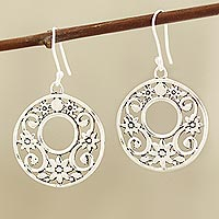 Sterling silver dangle earrings, 'Floral Round' - Circular Floral Sterling Silver Dangle Earrings from India