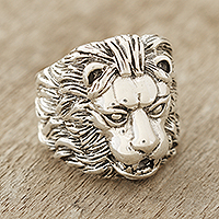 Men's sterling silver ring, 'King' - Men's Sterling Silver Lion Ring Crafted in India