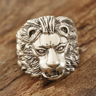Men's sterling silver ring, 'King' - Men's Sterling Silver Lion Ring Crafted in India