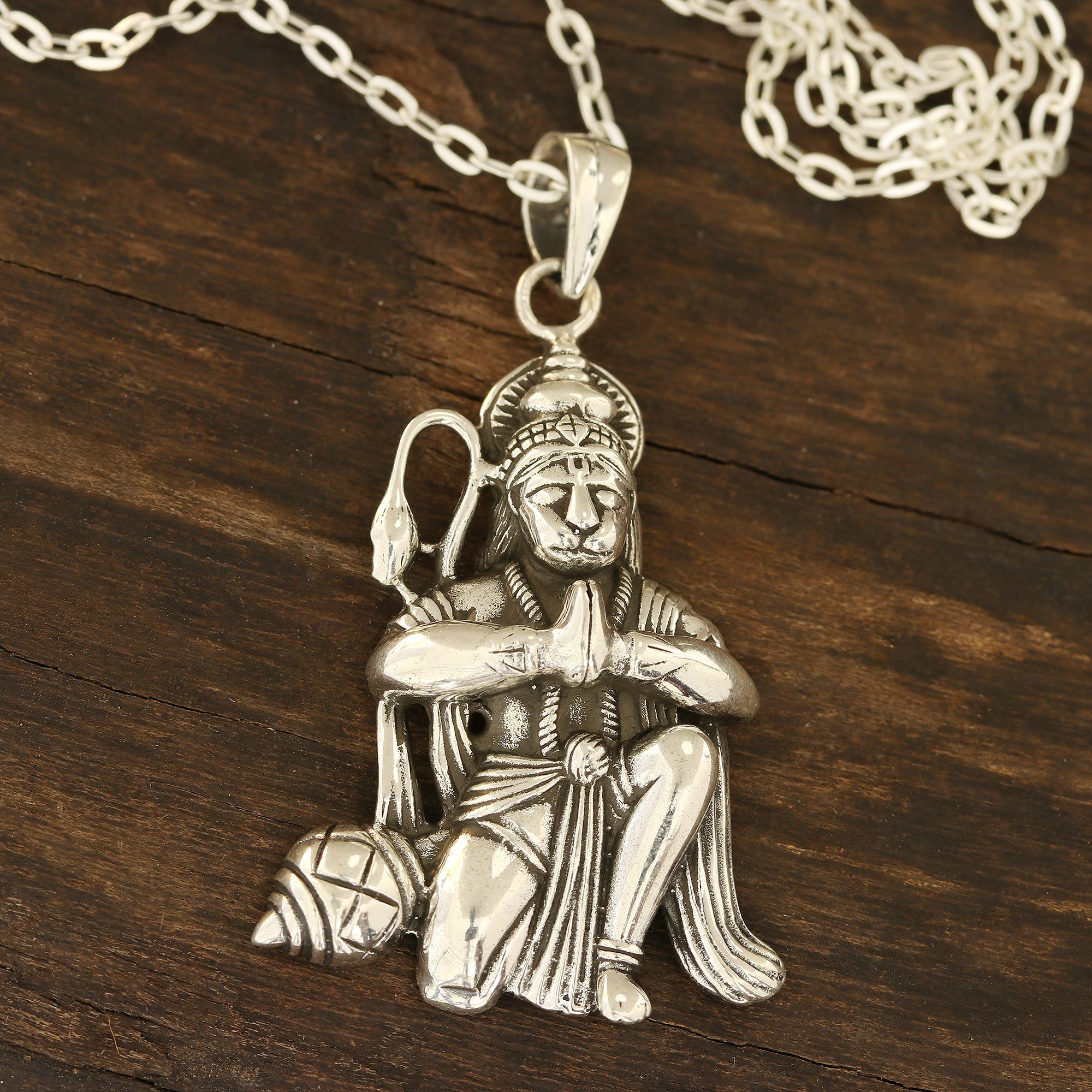 Sterling Silver Hinduism Pendant Necklace from India Divine Hanuman