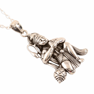 Sterling silver pendant necklace, 'Divine Hanuman' - Sterling Silver Hinduism Pendant Necklace from India