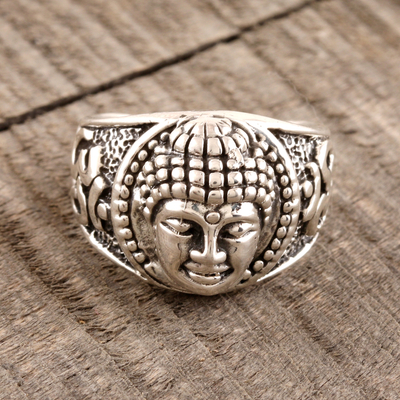 Sterling silver band ring, 'Meditating Buddha' - Sterling Silver Buddha Band Ring from India