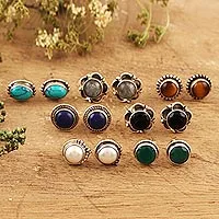 Gemstone stud earrings, 'Everyday Pairs' (set of 7) - Gemstone Stud Earrings from India (Set of 7)