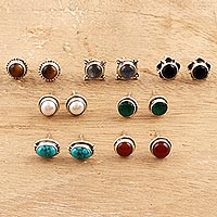 Gemstone stud earrings, 'Elegant Pairs' (set of 7) - Set of 7 Gemstone Stud Earrings from India