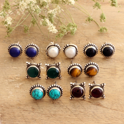 Multi-gemstone stud earrings, 'Harmonious Pairs' (set of 7) - Handmade Multi-Gemstone Stud Earrings (Set of 7)