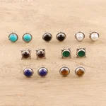 Multi-gemstone stud earrings, 'Harmonious Pairs' (set of 7) - Handmade Multi-Gemstone Stud Earrings (Set of 7)