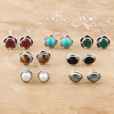 Gemstone stud earrings, 'Everyday Pairs' (set of 7) - Artisan Crafted Multi-Gemstone Stud Earrings (Set of 7)
