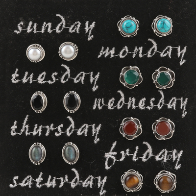 Multi-gemstone stud earrings, 'Everyday Pairs' (set of 7) - Artisan Crafted Multi-Gemstone Stud Earrings (Set of 7)