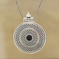 Onyx pendant necklace, 'Dotted Mandala' - Mandala Pattern Onyx Pendant Necklace from India